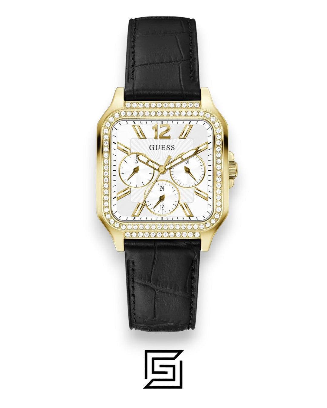 GUESS Ladies GOLD Tone Analog BAND Leather BLACK Watch GW0309L2