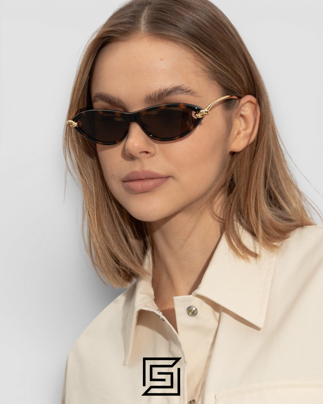 Bottega Veneta BV1390S 008 Black Lenses With Tiger Brown Frame Gold Arm Sunglasses