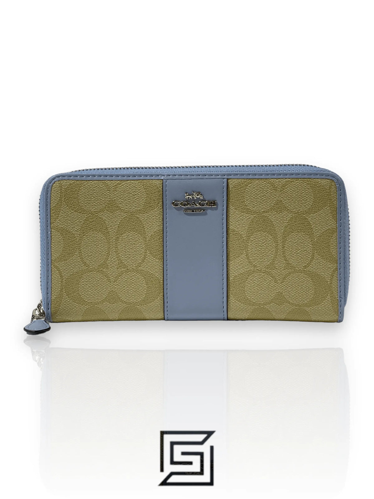 Coach Accordion Zip Wallet In Signature Canvas Khaki & Blue Style No. F54630