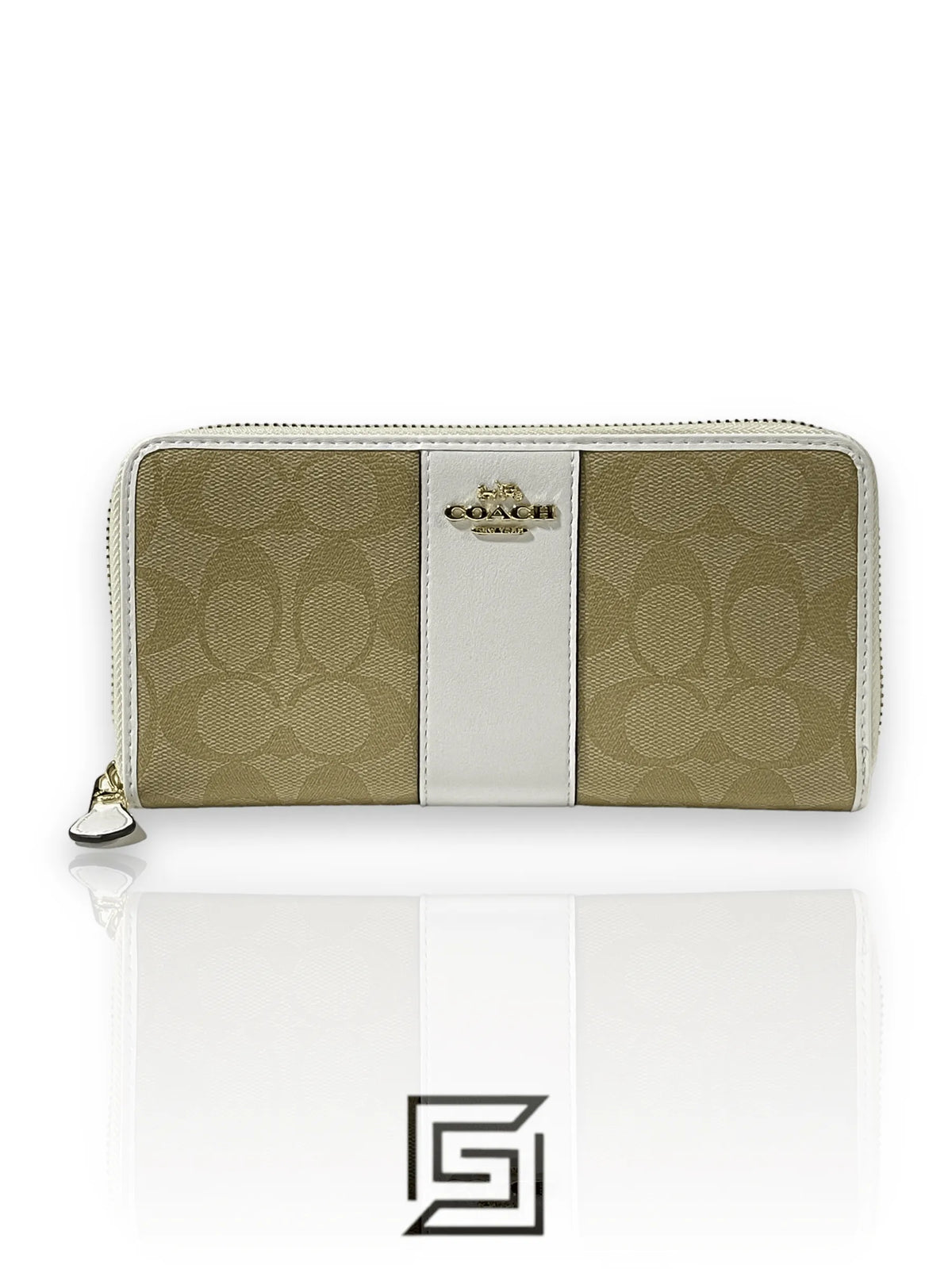 Coach Accordion Zip Wallet In Signature Canvas Khaki & White Style No. F54630