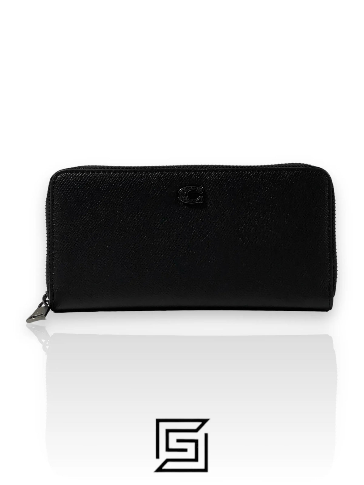 Coach VAccordion Zip Around Long Wallet in Black Crossgrain Leather with Signature Coated Canvas Interior CJ884