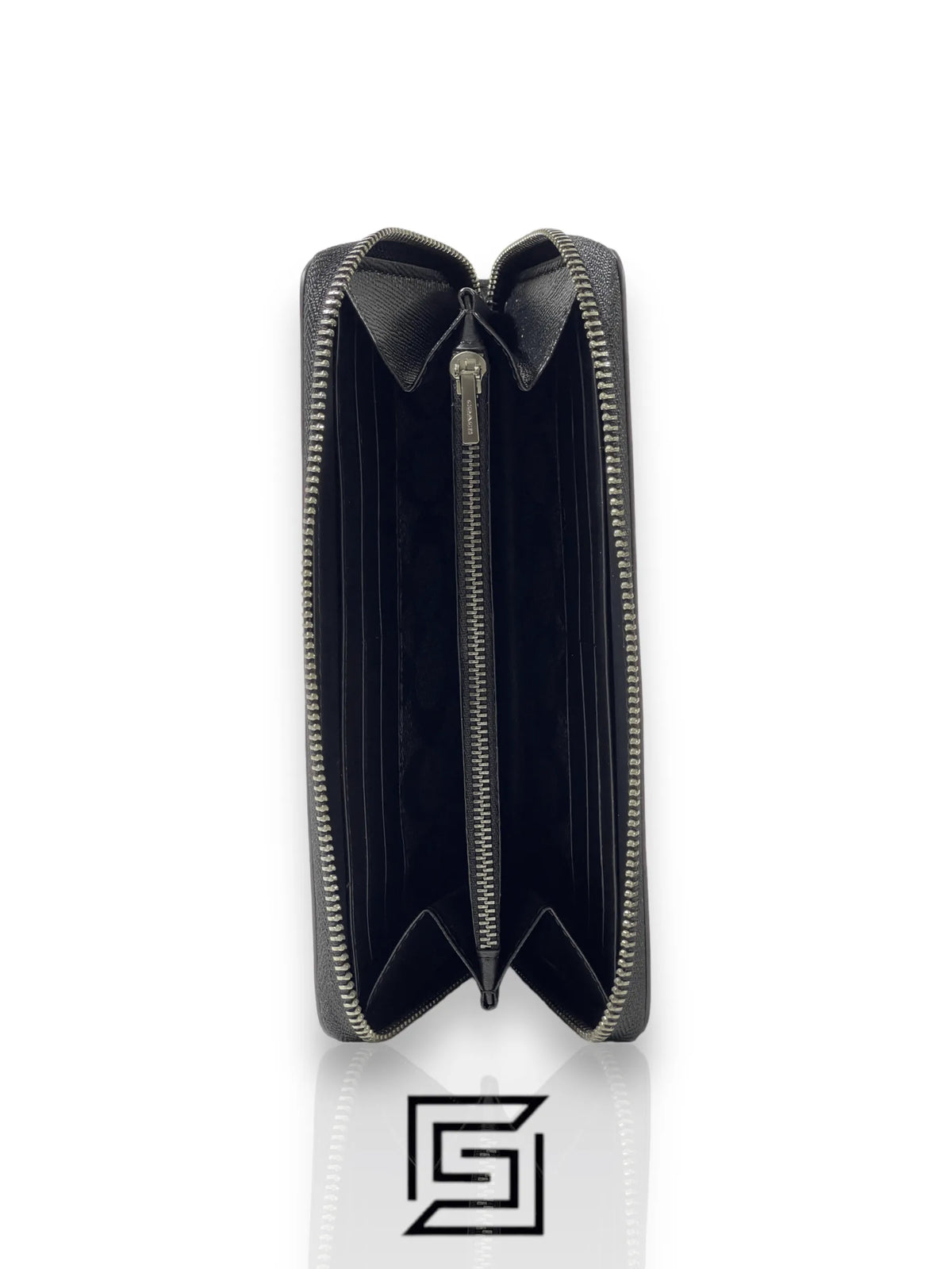 Coach VAccordion Zip Around Long Wallet in Black Crossgrain Leather with Signature Coated Canvas Interior CJ884