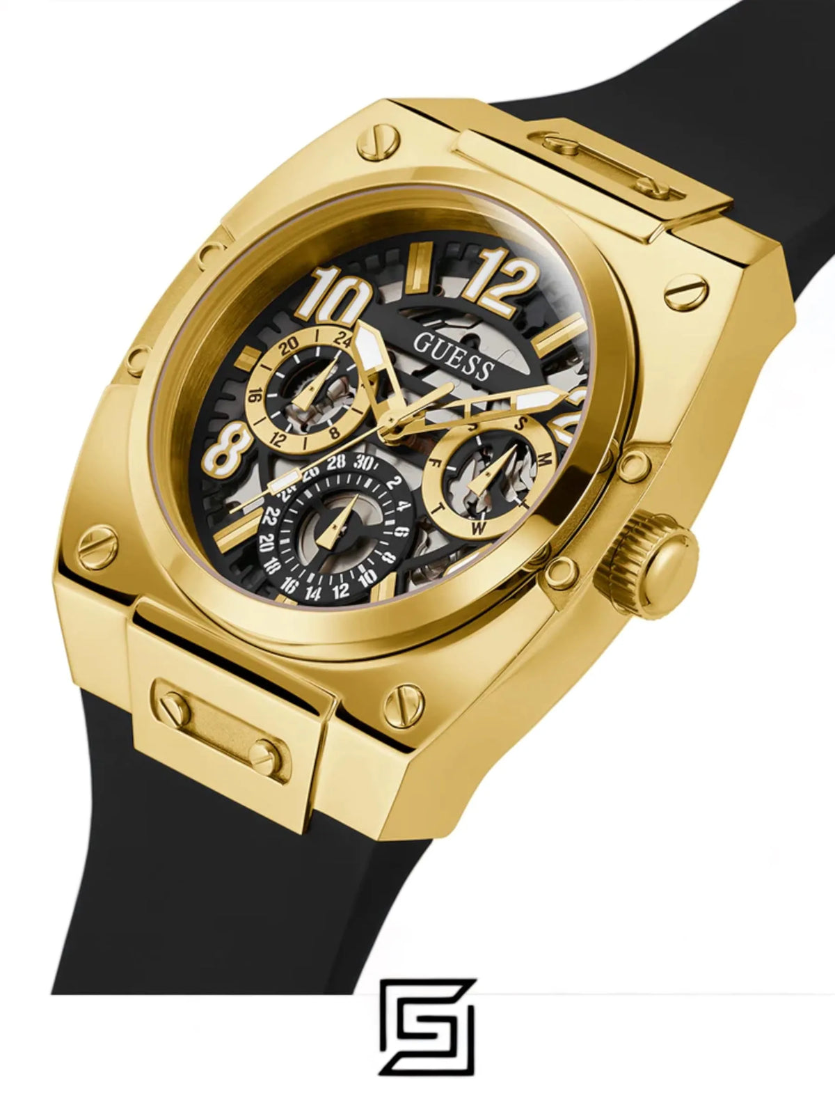 original-watches GUESS Mens Black Gold Tone Multi-function Watch GW0569G2