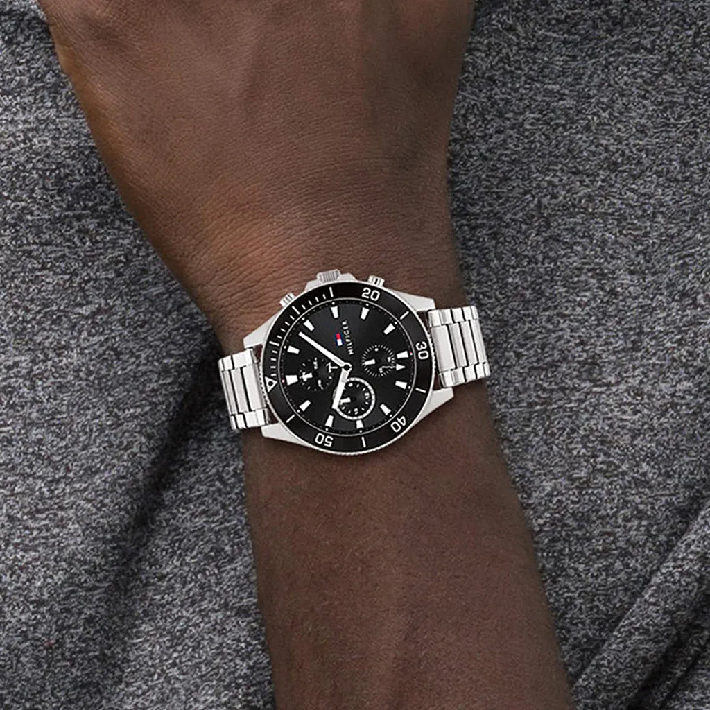original-watches Tommy Hilfiger Silver Steel Black Dial Men's Multi-function Watch - 1791916