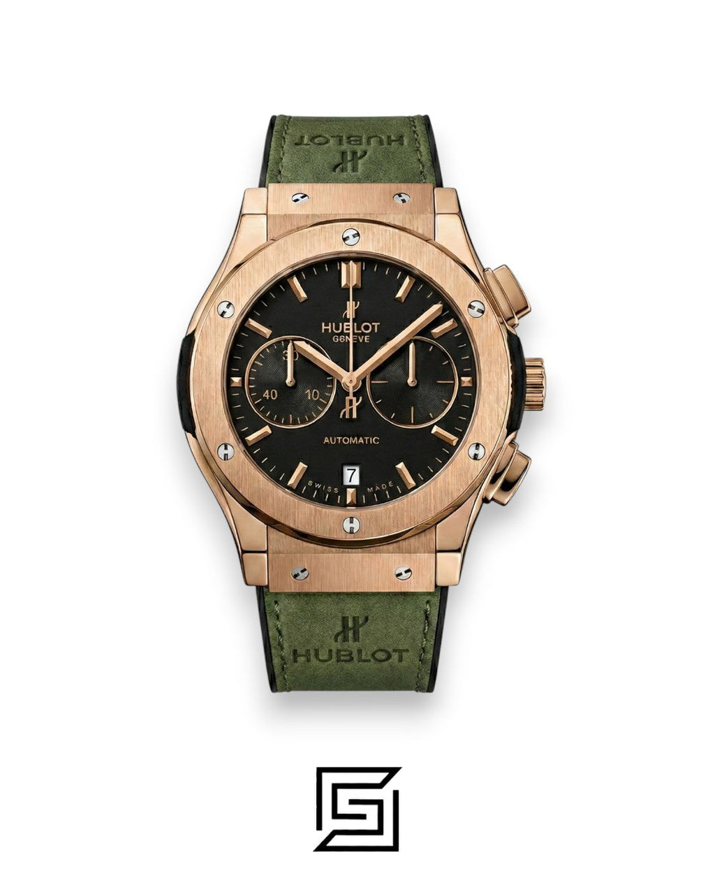 Hublot Classic Fusion Rose Gold – Black Dial – Japanese Quartz – Green Chamois Strap