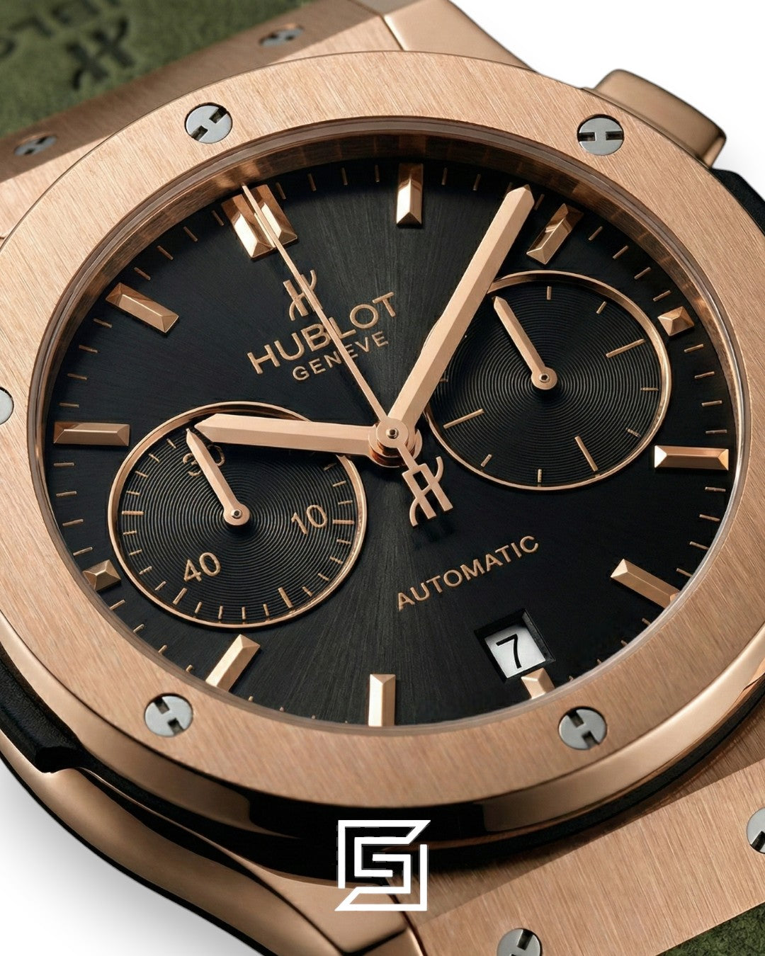 Hublot Classic Fusion Rose Gold – Black Dial – Japanese Quartz – Green Chamois Strap