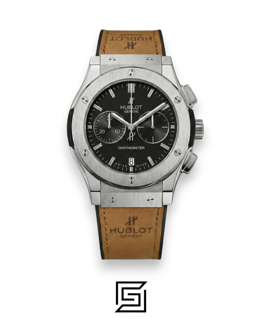 Hublot Classic Fusion Chronograph - Silver - Black Dial - Brown Chamois Strap