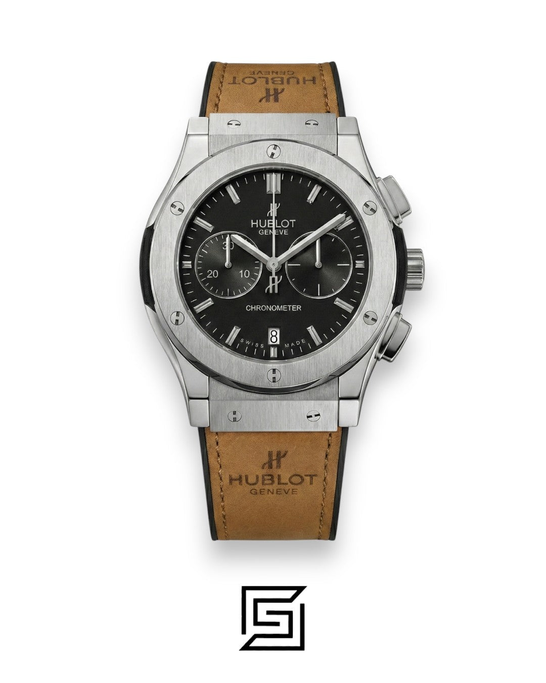 Hublot Classic Fusion Chronograph - Silver - Black Dial - Brown Chamois Strap