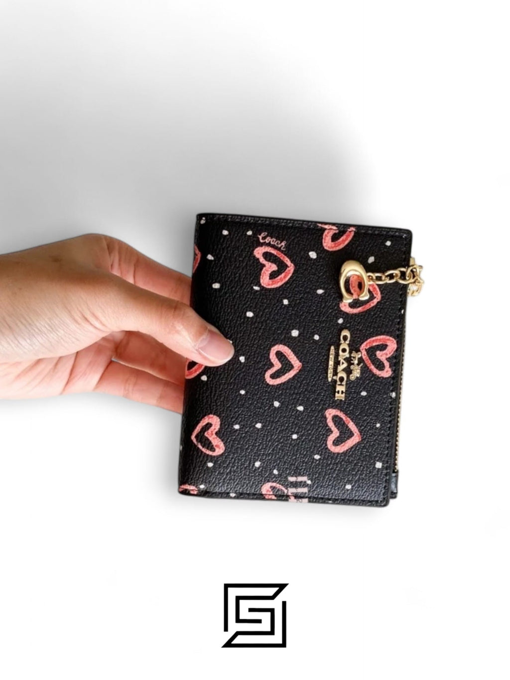 COACH Snap Card Case Wallet in Crayon Heart Print F91058 Black