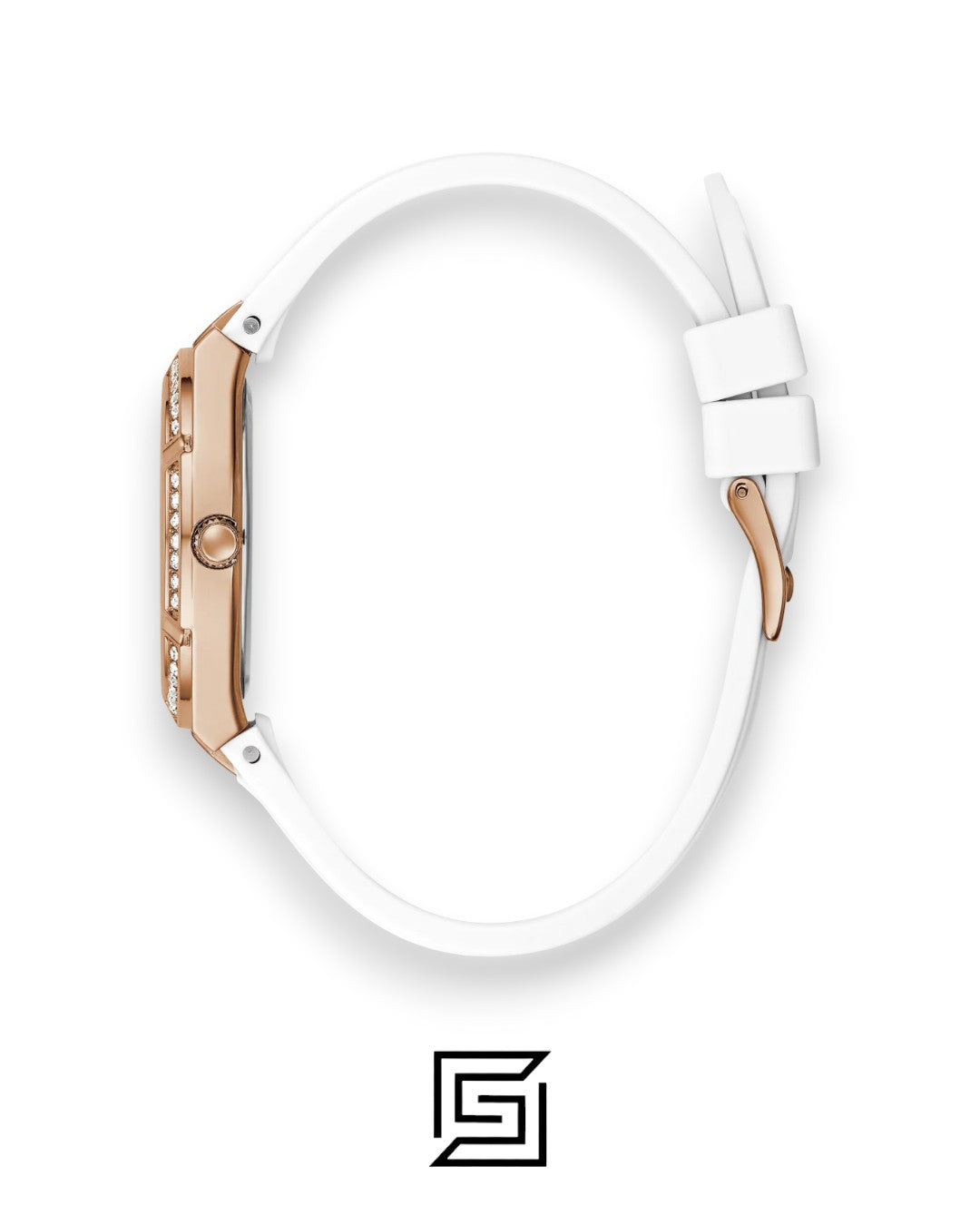 GUESS WOMEN ROSE GOLD TONE Analog RUBERR WHITE BAND Watch-GW0034L2