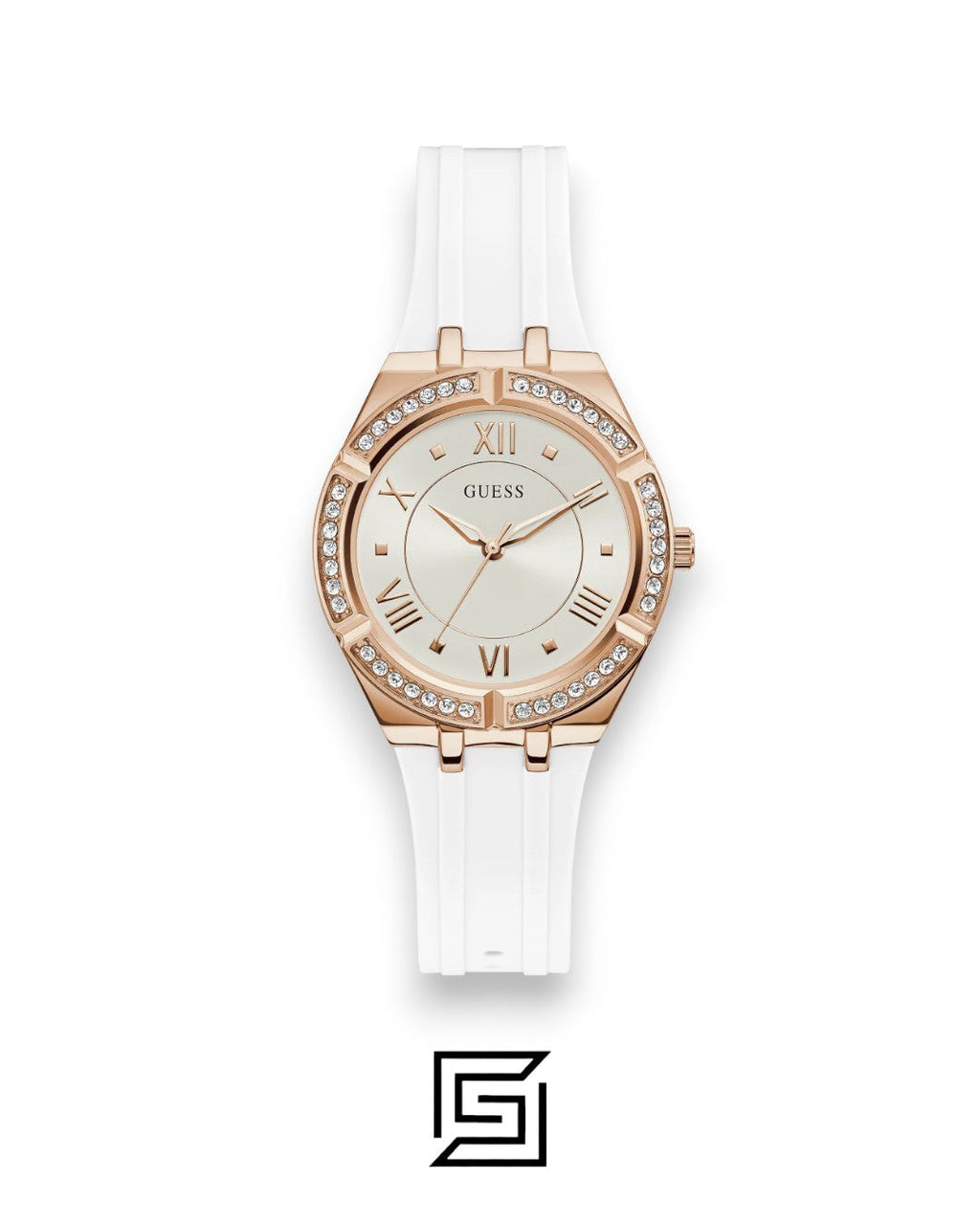 GUESS WOMEN ROSE GOLD TONE Analog RUBERR WHITE BAND Watch-GW0034L2