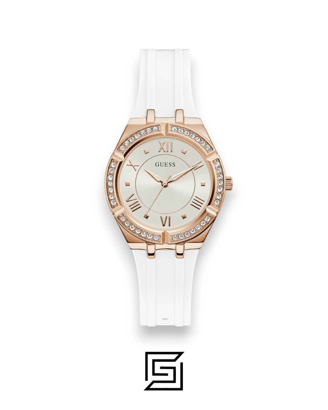 GUESS WOMEN ROSE GOLD TONE Analog RUBERR WHITE BAND Watch-GW0034L2