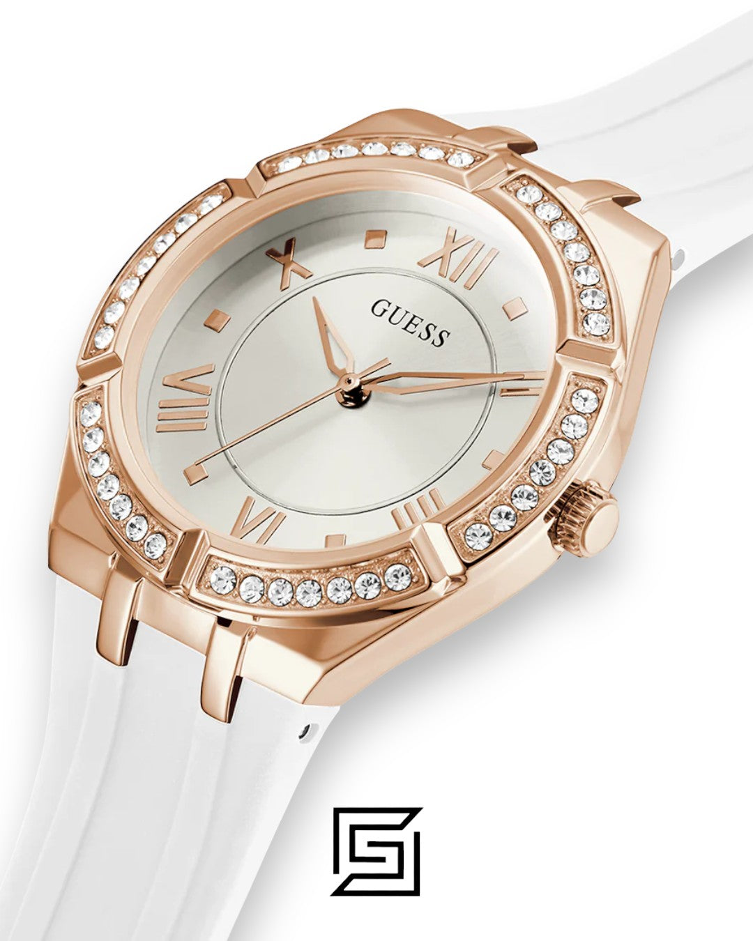 GUESS WOMEN ROSE GOLD TONE Analog RUBERR WHITE BAND Watch-GW0034L2