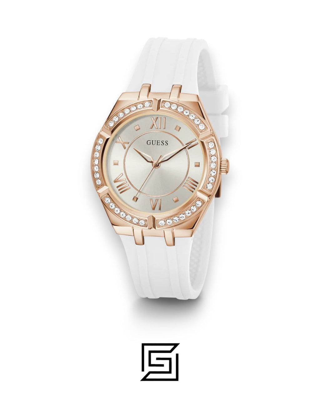 GUESS WOMEN ROSE GOLD TONE Analog RUBERR WHITE BAND Watch-GW0034L2