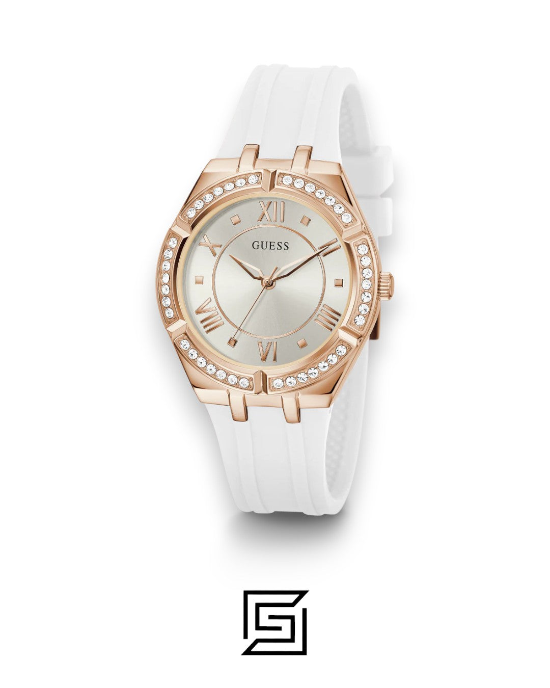 GUESS WOMEN ROSE GOLD TONE Analog RUBERR WHITE BAND Watch-GW0034L2