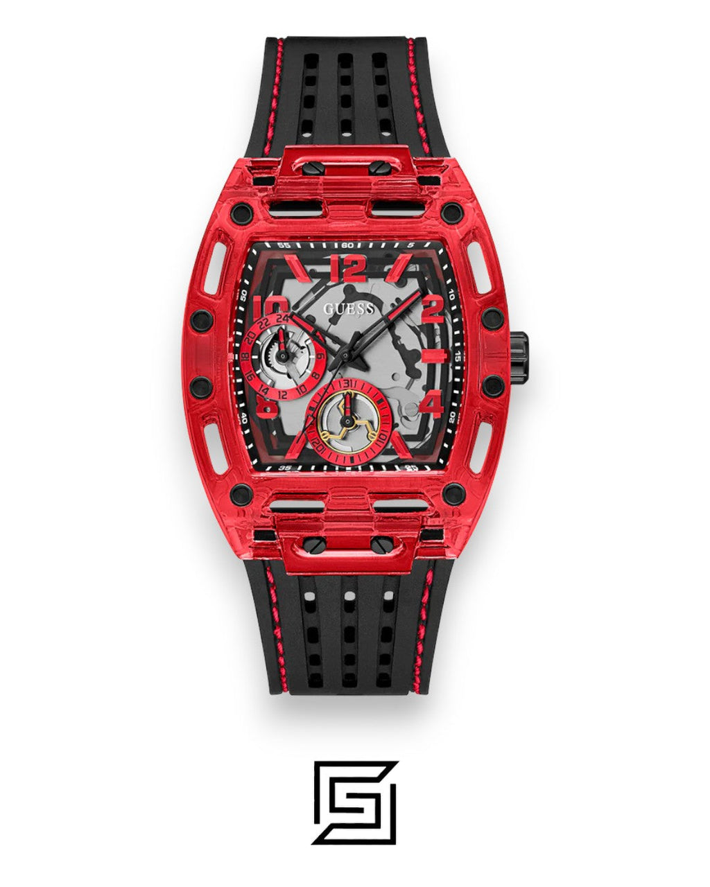 GUESS MEN RED Tone Analog Band Color BLACK WATCH GW0499G4