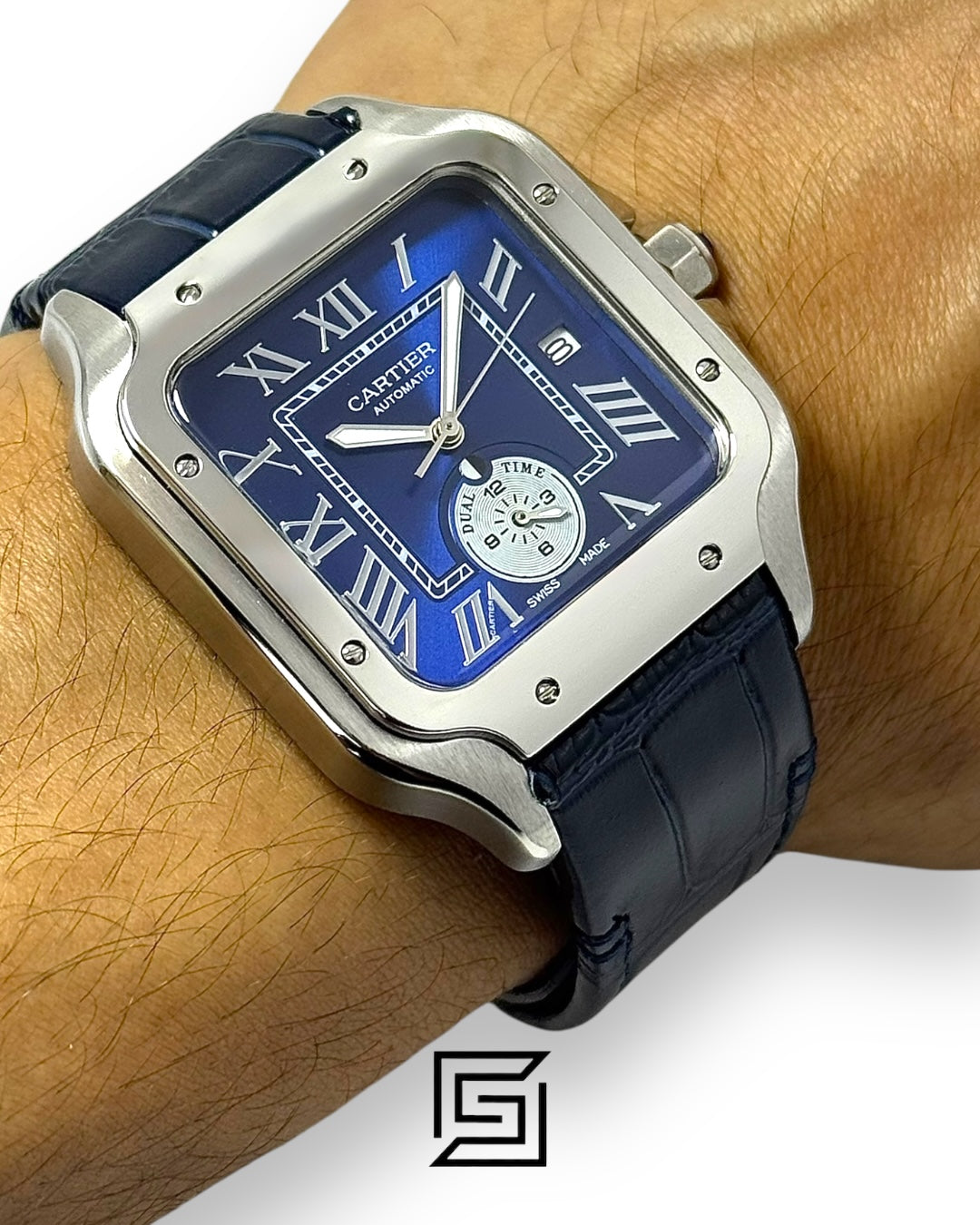 Cartier Santos 3241983 Automatic Dual Time Black Roman Dial Black Leather - 47mm