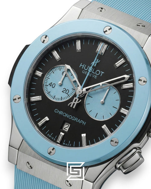 Hublot Classic Fusion Chronograph – Black Dial with Baby Blue Sub-Dials & Strap