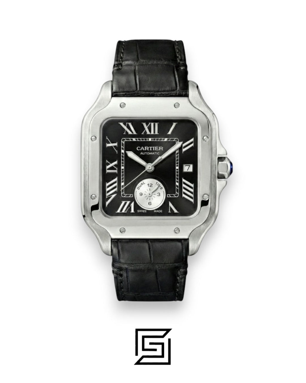 Cartier Santos 3241983 Automatic Dual Time Black Roman Dial Black Leather - 47mm