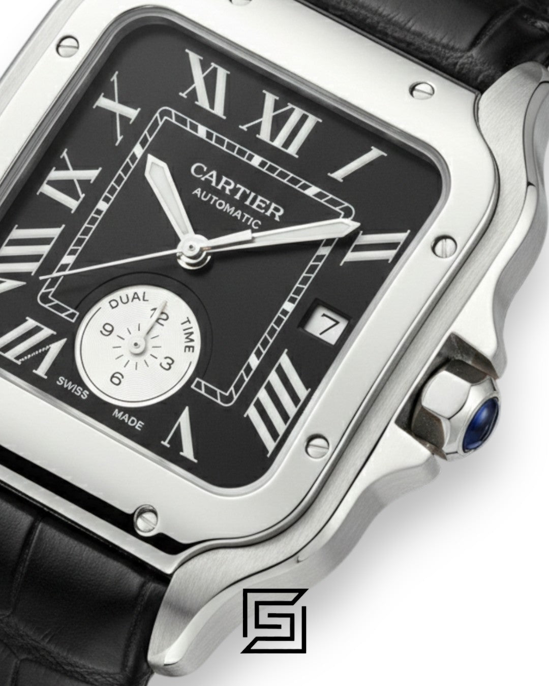 Cartier Santos 3241983 Automatic Dual Time Black Roman Dial Black Leather - 47mm