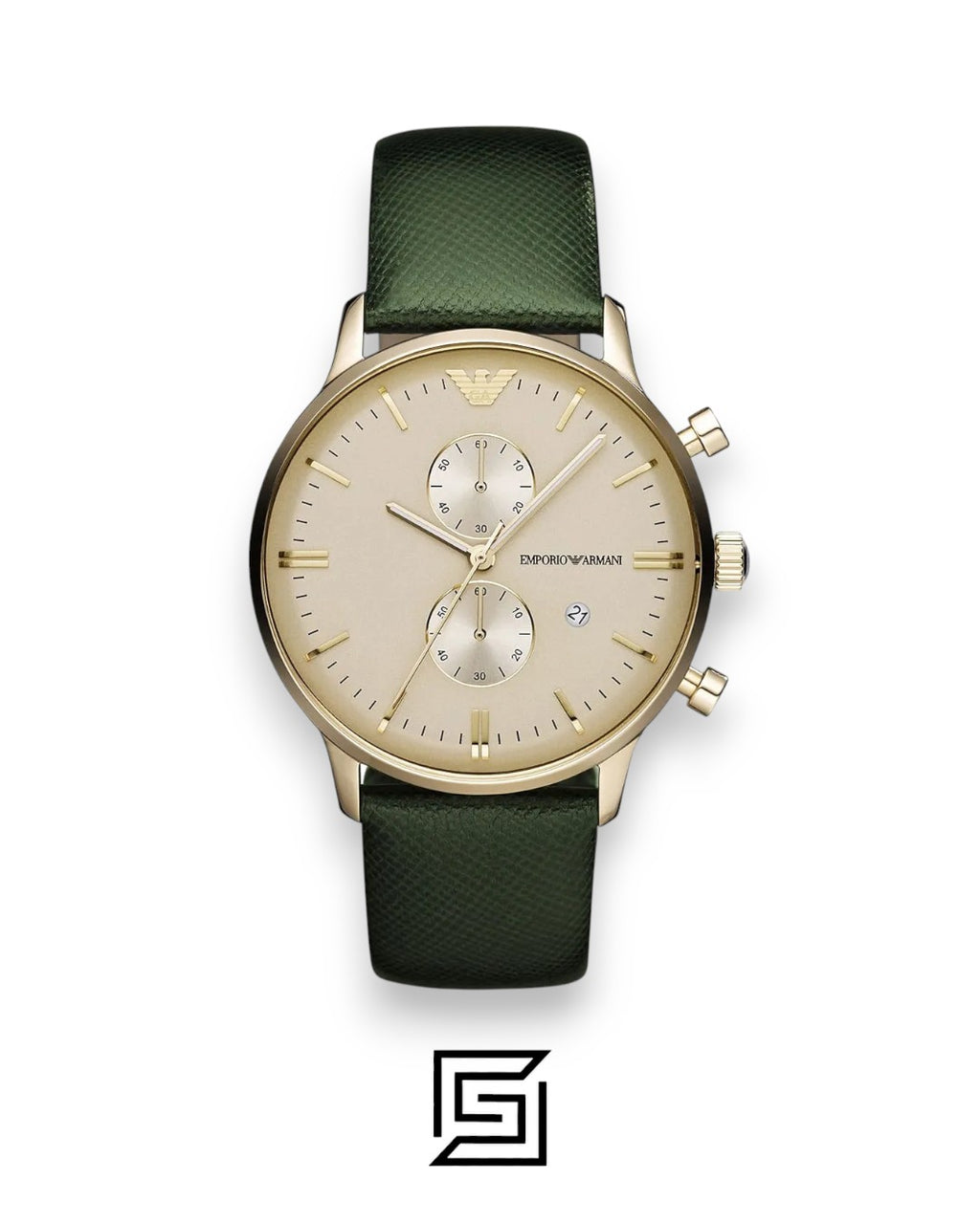 Emporio Armani AR1722 Gold Tone Chronograph Watch with Champagne Dial and Green Leather Strap