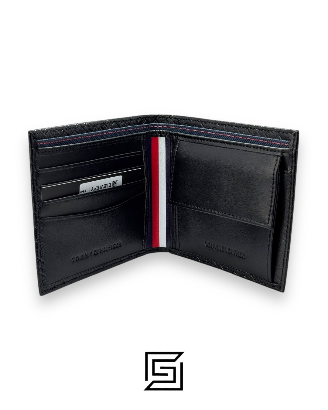 TOMMY SINGLE WALLET W TH LOGO HARD PATTERN INSIDE LEATHER SQUARE LOGO/BLACK