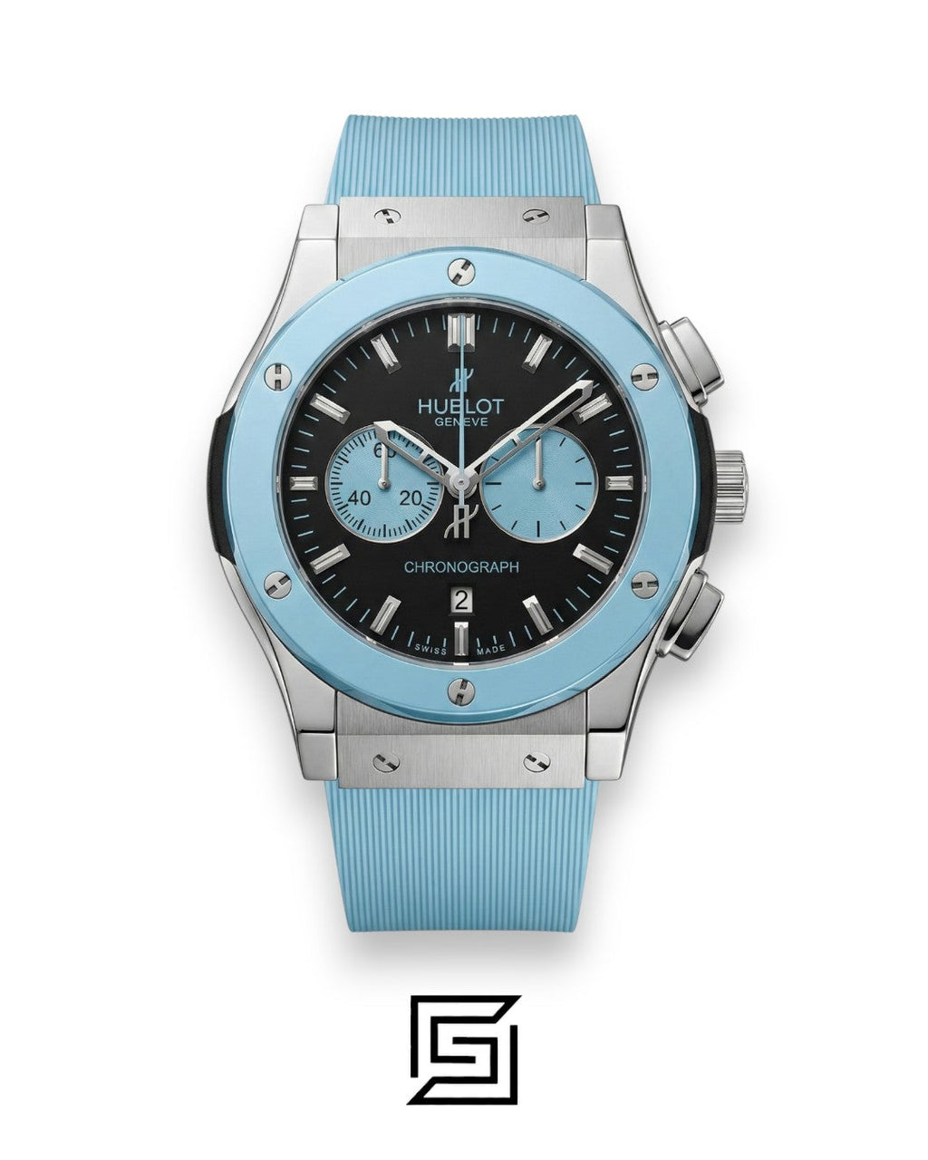 Hublot Classic Fusion Chronograph – Black Dial with Baby Blue Strap (38mm)